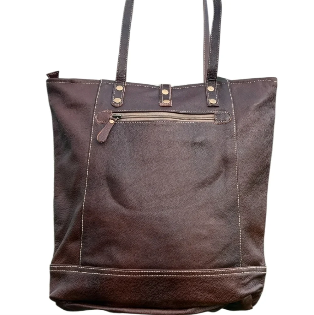 Myra TRAX Tote Bag 100% Leather Brown Purse Laptop School Sturdy Distressed - Picture 3 of 4